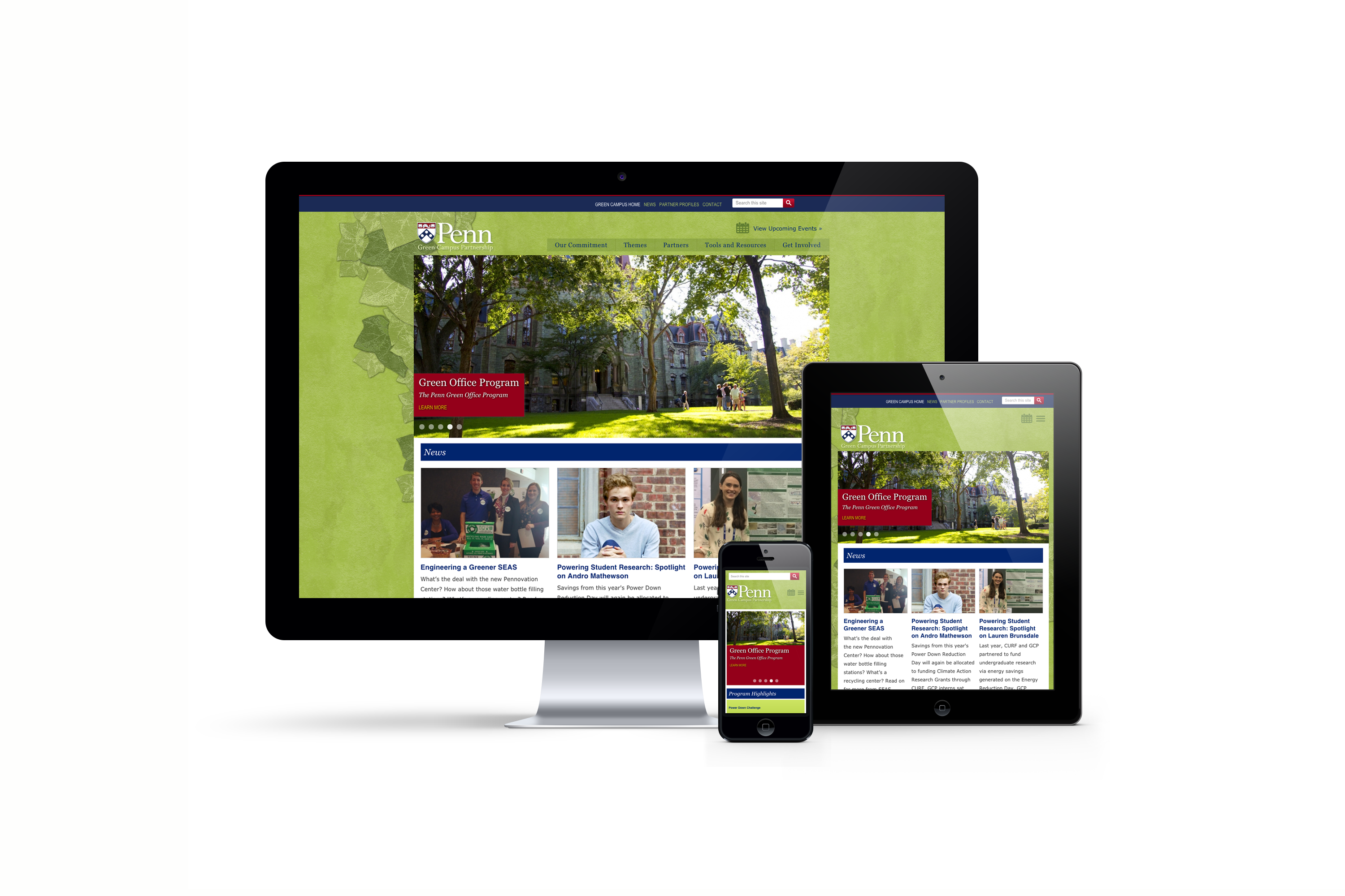 Penn Green Campus Partnership responsive design Penn Green Campus Partnership Website on iMac, iPad, and iPhone