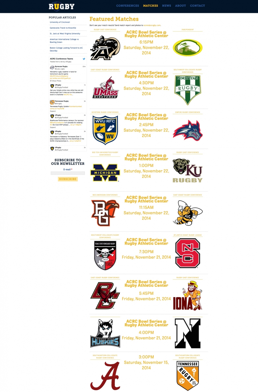 URugby, Internal Landing Page for Highlighted Collegiate Matches