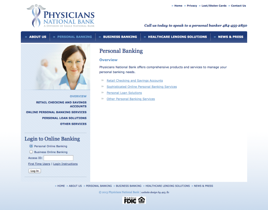 Physicians National Bank, Information about Banking Landing Page