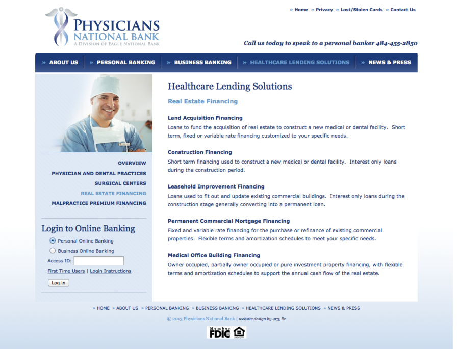 Physicians National Bank, Financing Landing Page