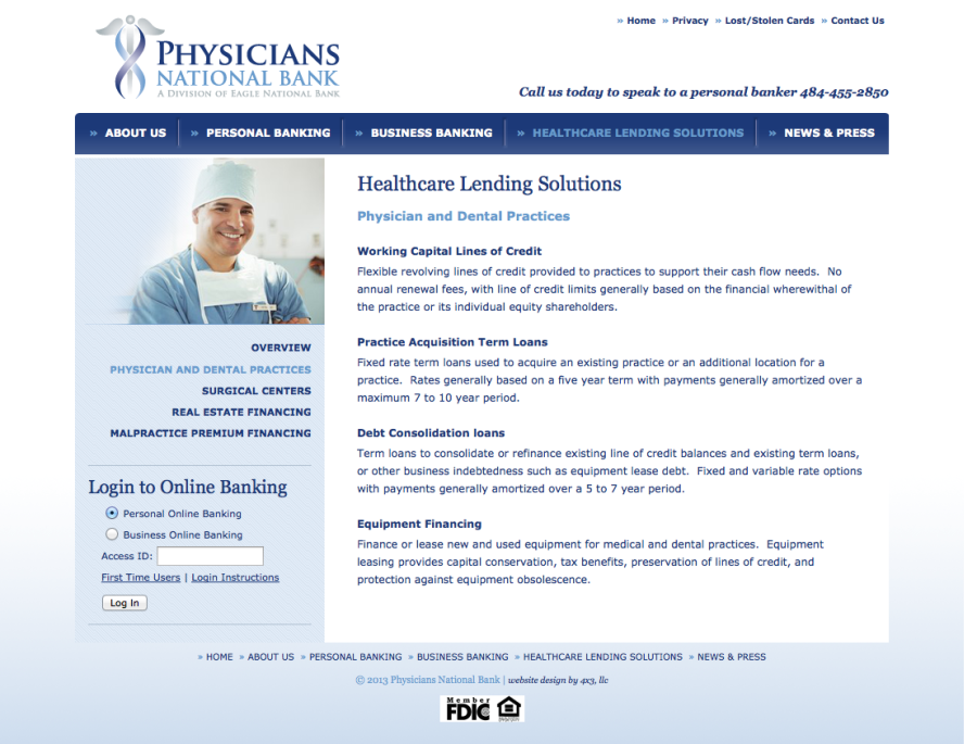 Physicians National Bank, Website Internal Landing Page