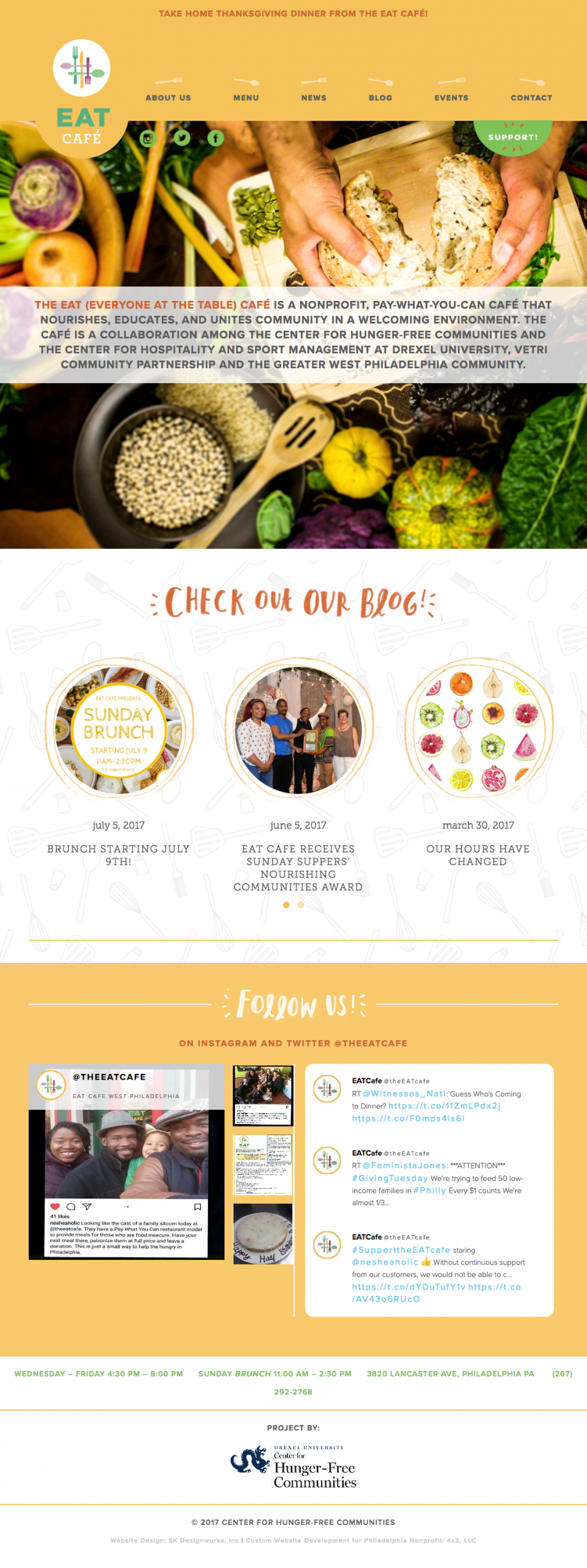 Homepage featuring news, menu items, upcoming events and live social media feeds