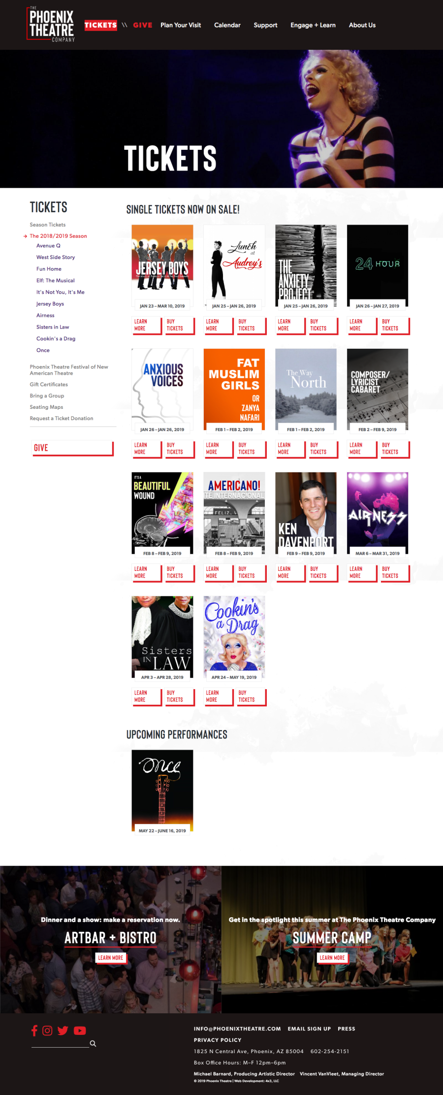 Phoenix Theatre Internal Ticket Page, Sales Landing Page