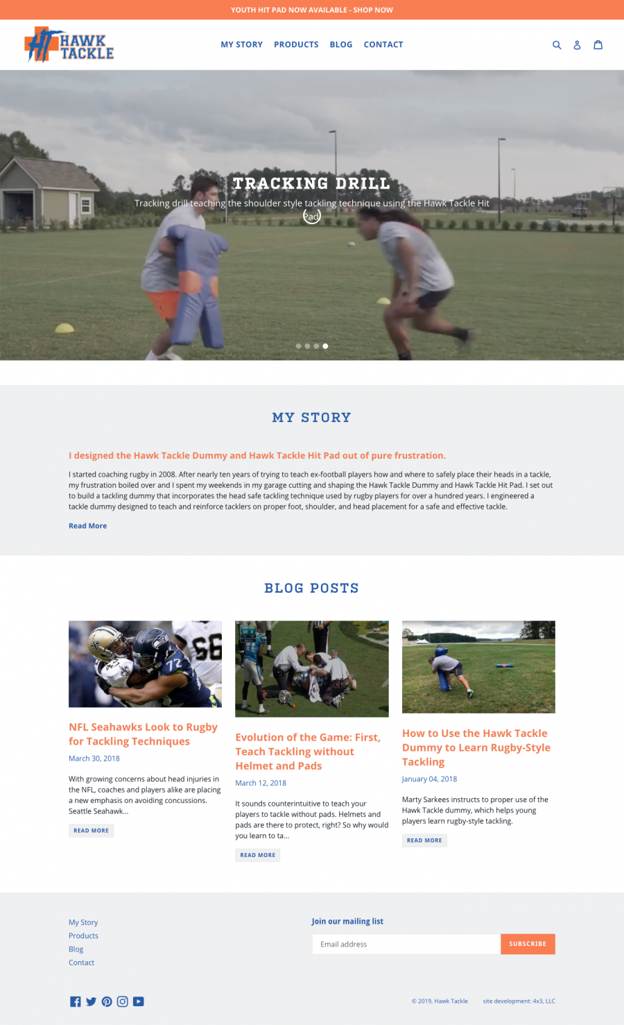 Hawk Tackle Homepage containing an overview of brand message