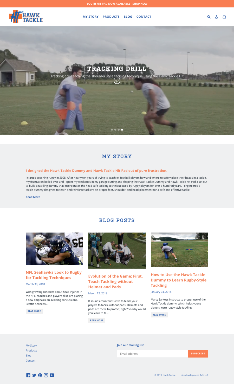 Hawk Tackle Homepage containing an overview of brand message