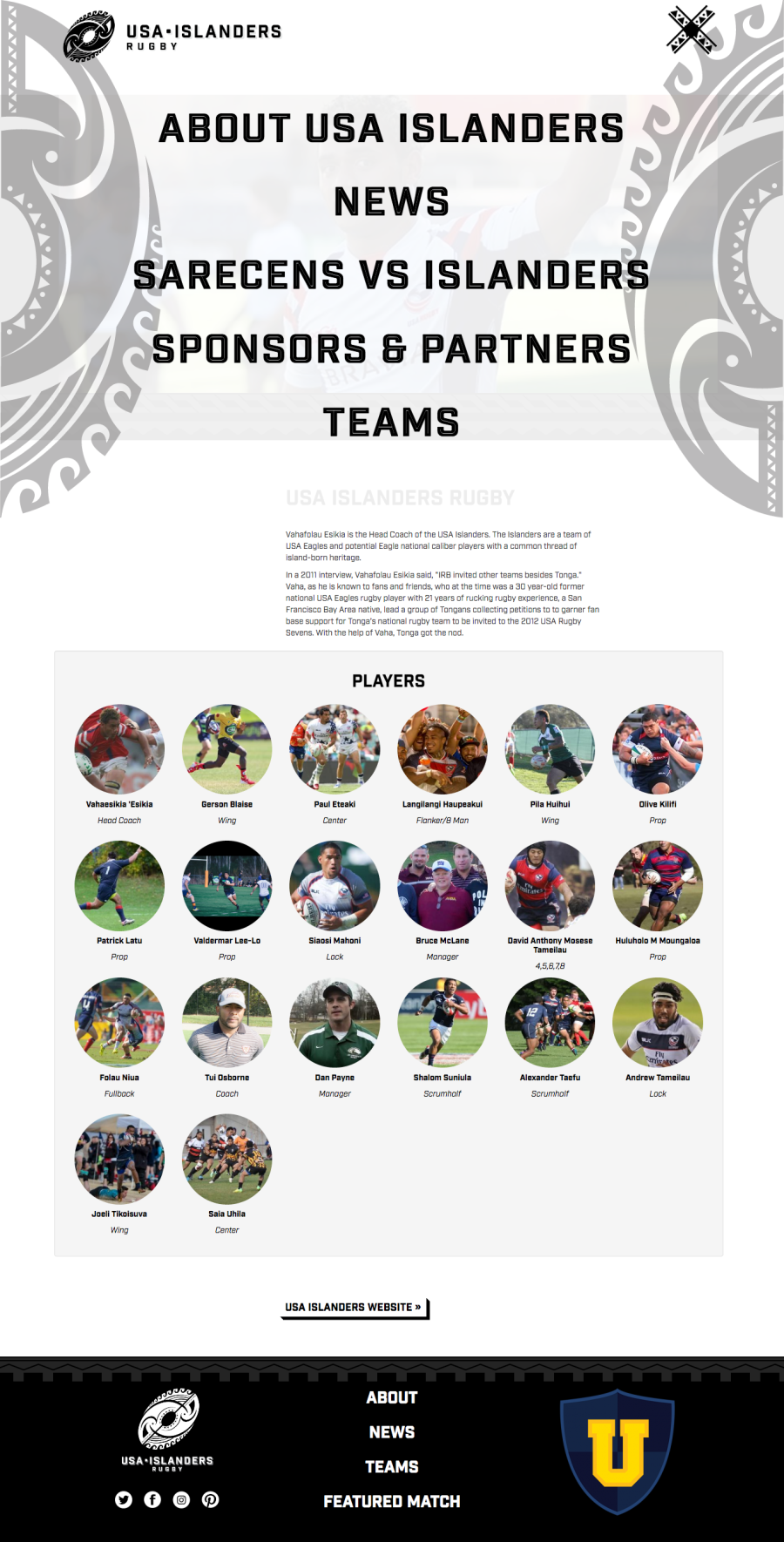 Internal Team Page with Menu, featured players and news