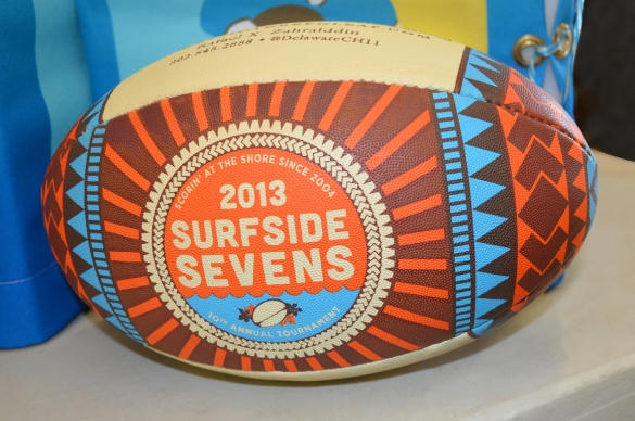 Surfside Sevens brand on the tournament Rugby Ball