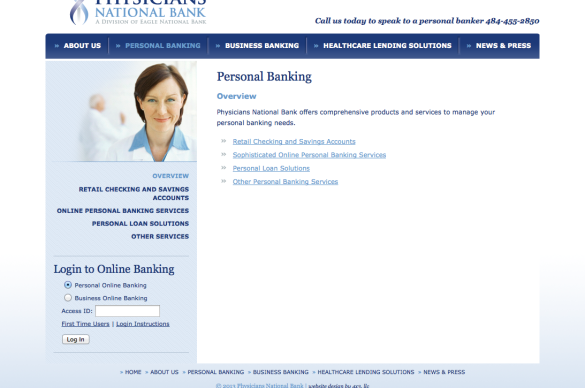 Physicians National Bank, Information about Banking Landing Page