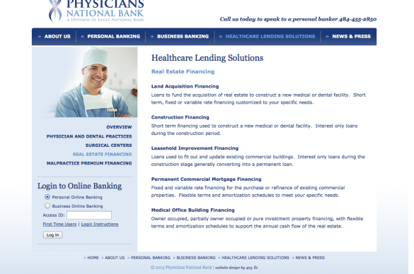 Physicians National Bank, Financing Landing Page
