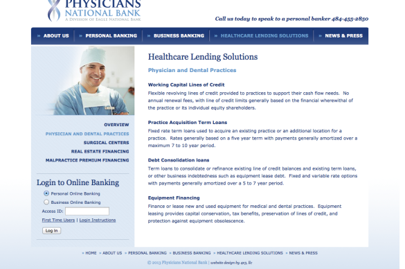 Physicians National Bank, Website Internal Landing Page