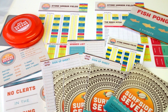 Surfside Sevens website, T-shirts, posters, hats, pint glasses, banners, Frisbees and even beach balls