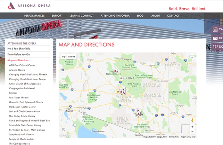 Directions Map to Arizona Opera Venue Locations in Tucson and Phoenix